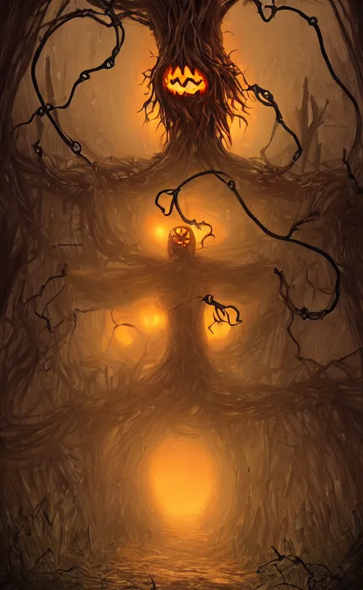 Image similar to fantasy monster concept art, a jack o lantern monster with vines for a body walking down a street of nightmares, dynamic lighting, photorealistic, trending on art station, stunning visuals, creative, cinematic, ultra detailed, atmospherical, ambient lighting, scary art, eery art