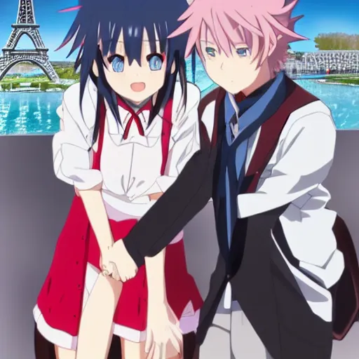 Prompt: Hikigaya Hachiman holding hands with Zero Two in front of the Eiffel Tower