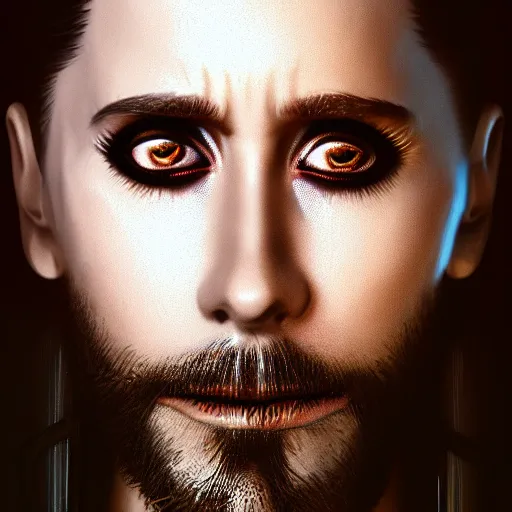 Image similar to jared leto portrait, cyberpunk 2 0 7 7, cyberpunk jackie welles, photorealistic, ultra detailed, neon, octane, bokeh, cinematic lighting, cyber, cyberpunk city, studio quality, feature, scars, cyberface, 8 k