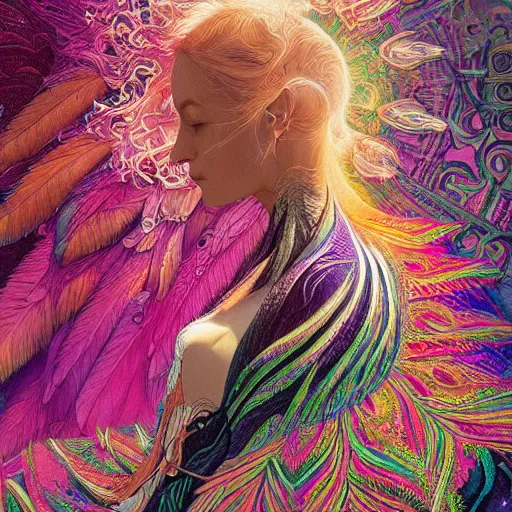 Image similar to A reality bending psychedelic ayahuasca experience, colorful, distorted, surreal, tropical bird feathers, dramatic lighting on the face, intricate lace, elegant fabric, highly detailed, digital painting, concept art, smooth, sharp focus, illustration, art by Krenz Cushart and Wayne Barlowe and alphonse mucha