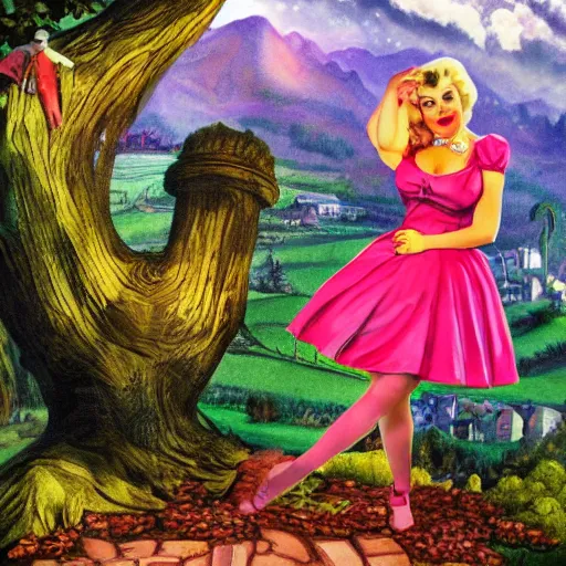 Image similar to giant alice in wonderland, pin up, houses, trees, mountains, woman, city, photo