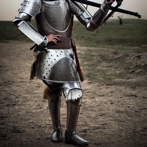 Prompt: a medieval knight in full armor, shooting an ak - 4 7. award winning national geographic photo.