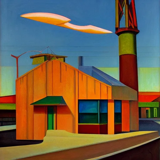 Prompt: googie architecture, grant wood, pj crook, edward hopper, oil on canvas