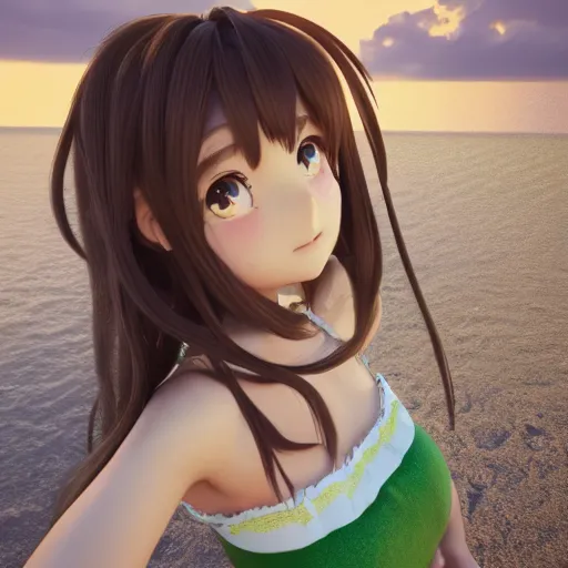 Image similar to Render of a cute 3d anime girl, long bronze brown hair, green eyes, cute freckles, full round face, soft smile, cute sundress, golden hour, serene beach setting, medium shot, mid-shot, hyperdetailed, trending on Artstation, Unreal Engine 4k