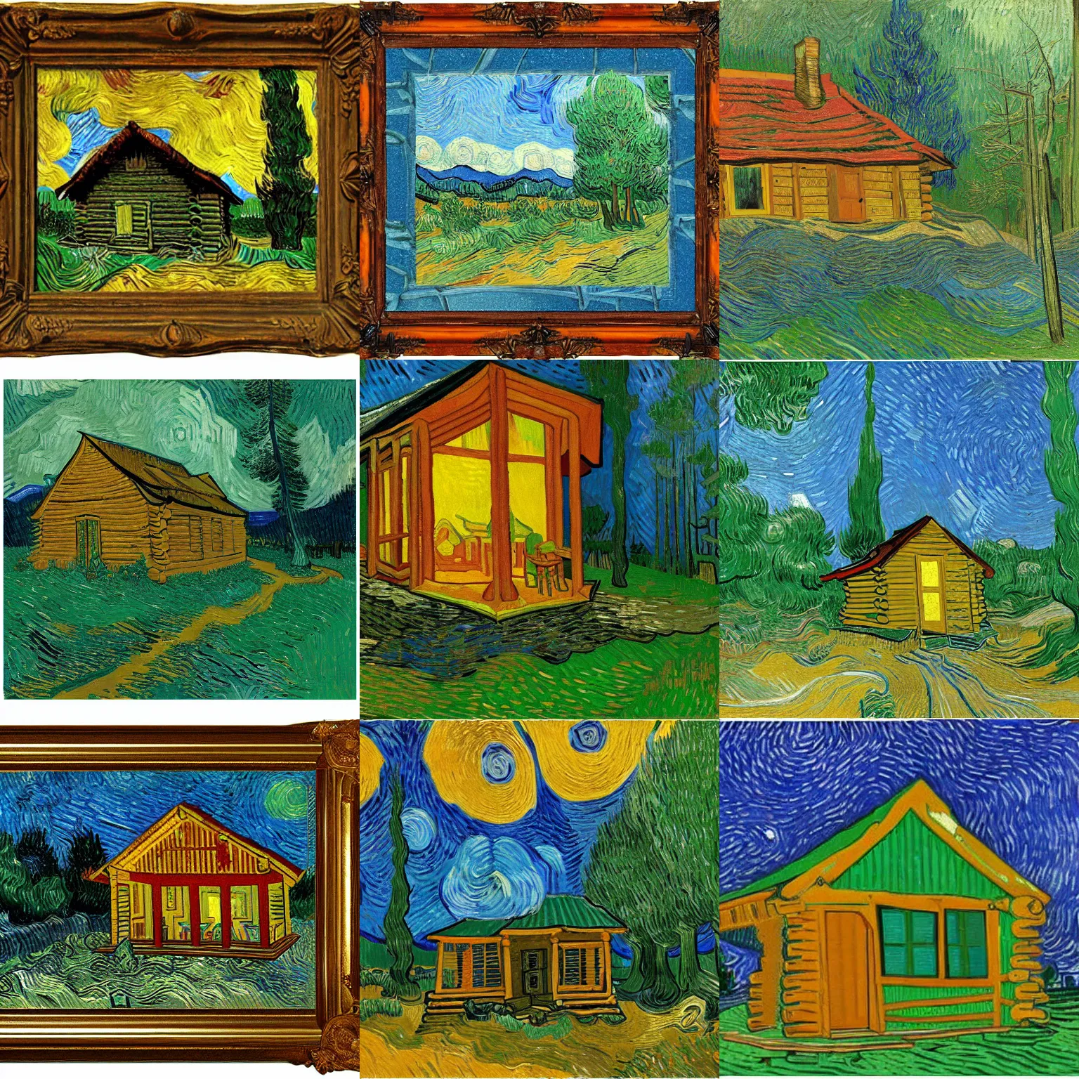 Prompt: [ a log cabin in the forest ] [ van gogh ] [ 2 1 6 0 ]