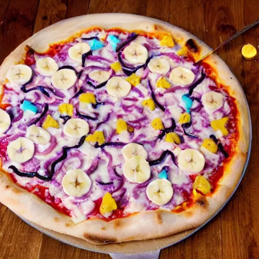 Prompt: unicorn pizza with banana and candy floss topping