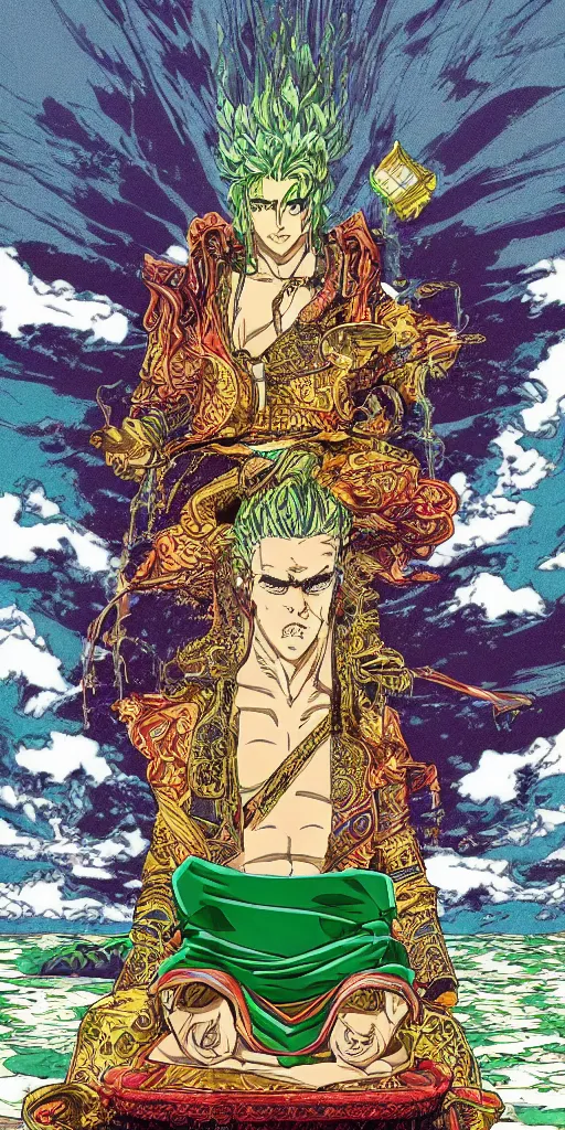 Image similar to a lone emperor sitting on a emerald throne floating on water in the middle of a lake drawn by Makoto Yukimura in the style of Vinland saga anime, full color, detailed, psychedelic, Authority, structure