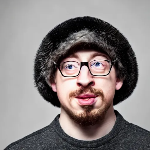 Image similar to professional head shot of sam hyde wearing a ushanka, very detailed, very intricate, detailed face,