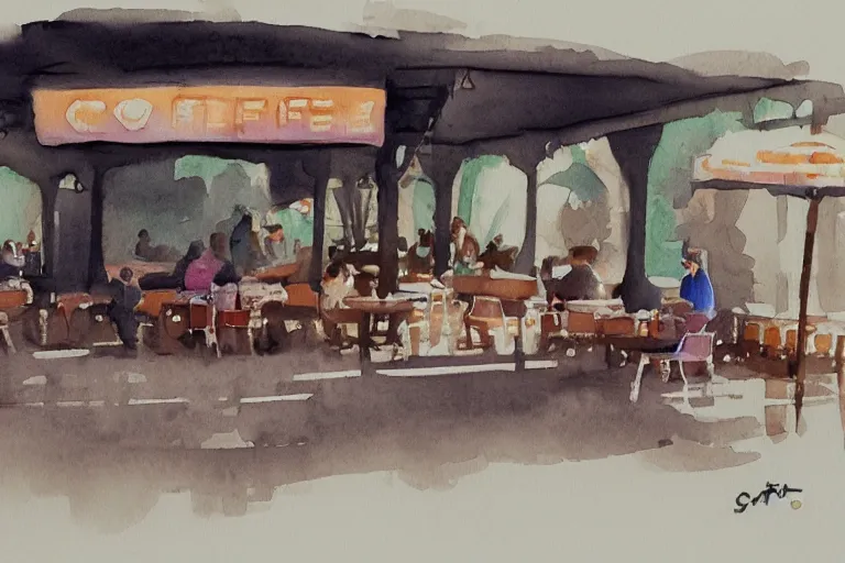 Image similar to a coffee shop watercolor by santiago fuentes trending on artstation