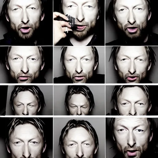 Prompt: photobooth of random thom yorke versions, hyper realistic, many very random variations of thom yorke, various emotions, various poses, high quality photographs, mixed styles, intricate details, diverse