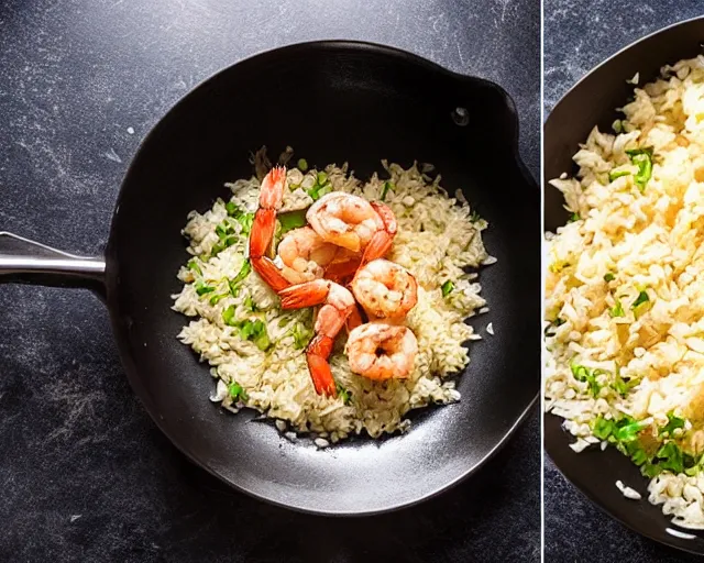 Prompt: photo of a shrimp wearing a chef hat and frying rice in a skillet in a kitchen