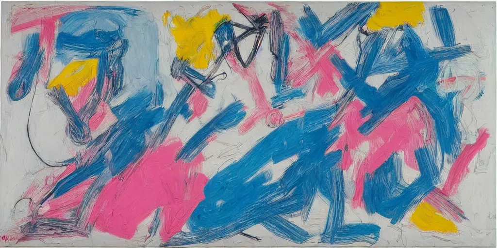 Prompt: 1 9 8 2 de kooning thin scribble on white canvas, blue and pink shift, sketch, drawn by yves tanguy, oil on canvas, thick impasto