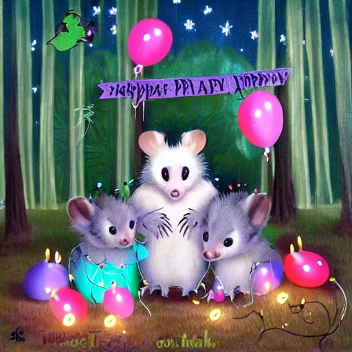 Prompt: opossum birthday party in the forest at night