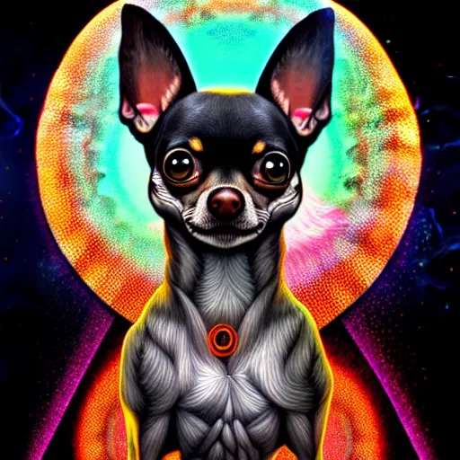 Prompt: a chihuahua with a third eye living in an extradimensional reality, in the style of wlop and alex grey, illustration, epic, fantasy, hyper detailed, smooth, unreal engine, sharp focus, ray tracing, physically based rendering