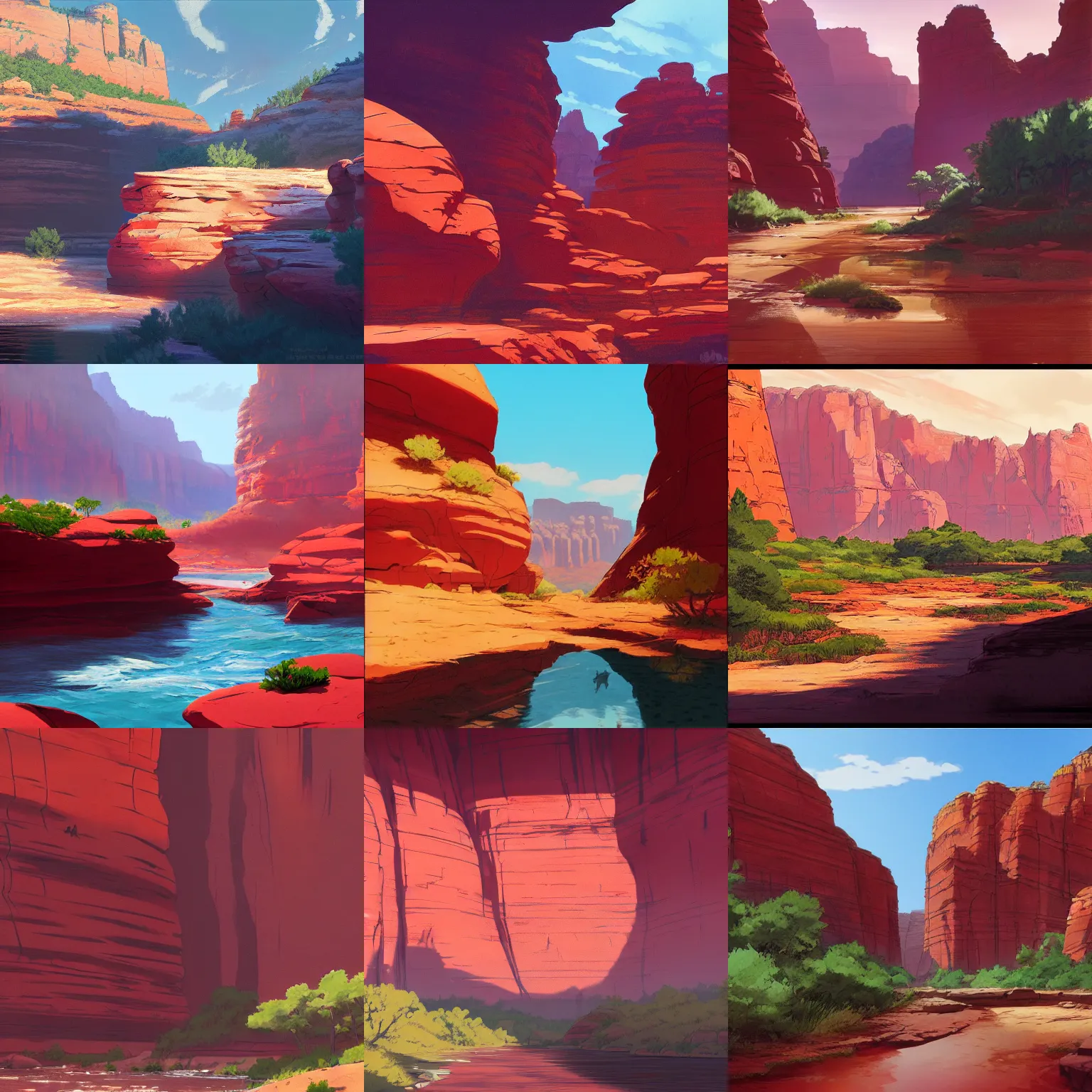 Prompt: concept art painting of a sedona red rock rivers, realistic, detailed, cel shaded, in the style of makoto shinkai and greg rutkowski and james gurney