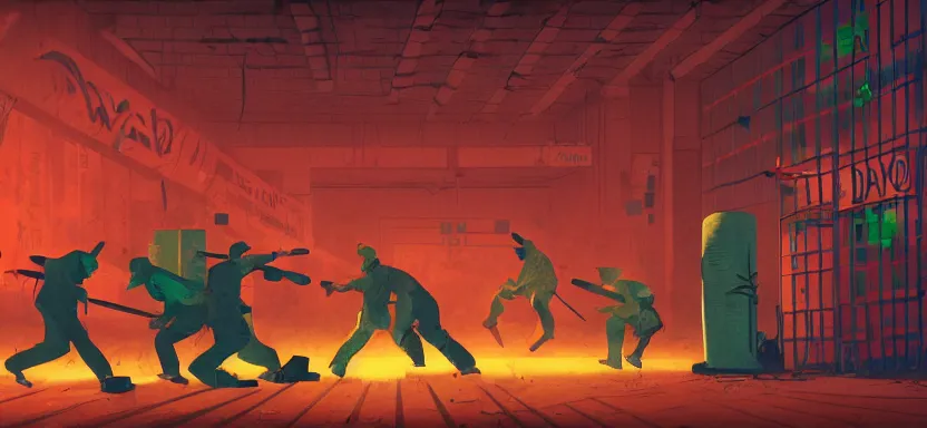 Prompt: handmade illustration of a violent street fight with weapons in an industrial room, line art, octane render with volumetric lighting, miniatures by wes anderson, cedric peyraavernay, waste processing machinery, bladerunner, green and red radioactive swamp, by Remedios Varo and Anato Finnstark and Greg Rutkowski, dayglo pink, dayglo blue, dazzle camouflage, 8k, trending on ArtStation