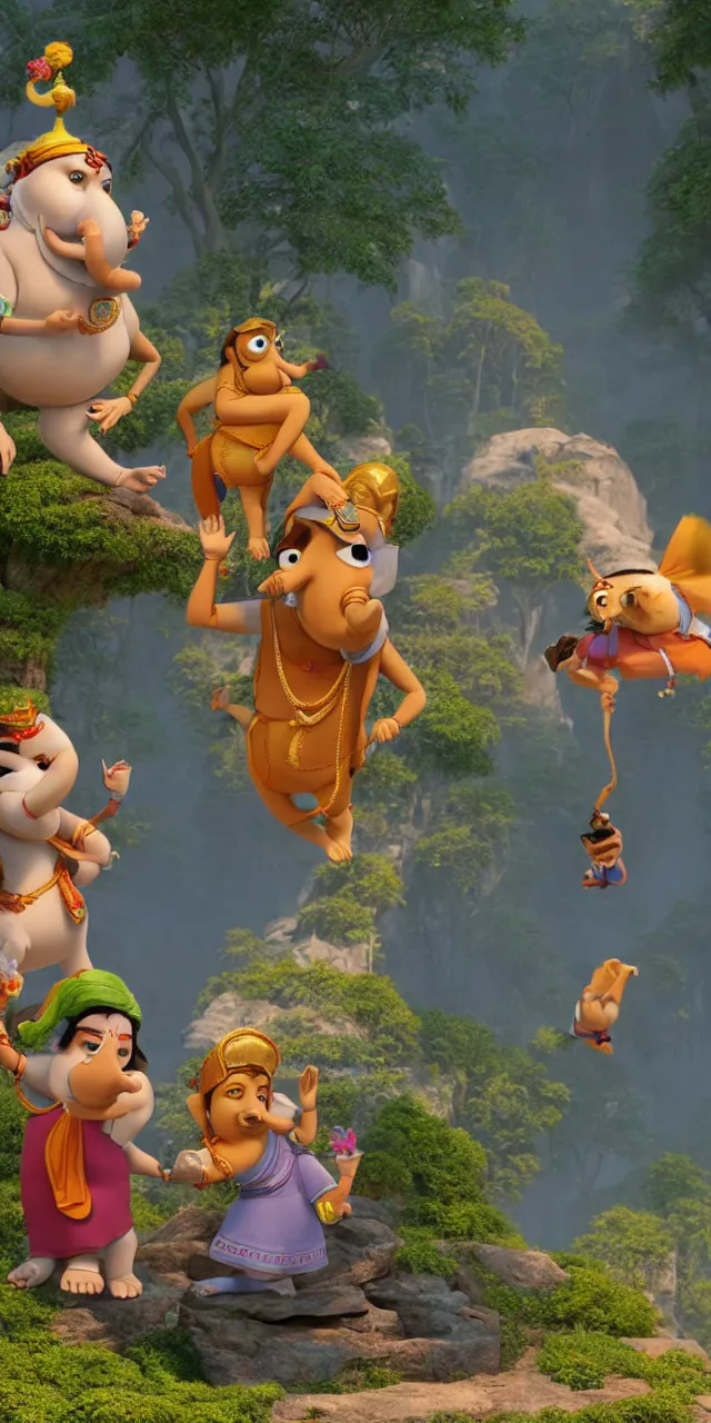 Prompt: ganesh and siddhartha as a pixar disney characters from up 2 0 0 9 unreal engine octane render 3 d render photorealistic