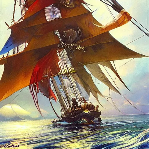 Image similar to A pirate on the high seas that has magical pearlescent shimmering see through sails, painting by Peter Andrew Jones