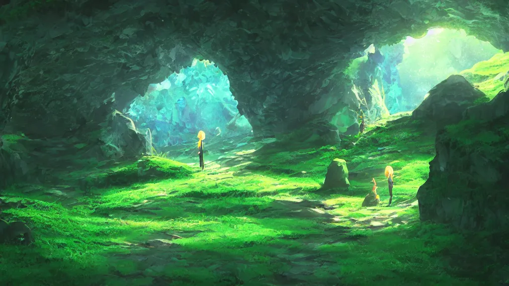 Image similar to A cave entrance with a glowing green crystal on the ground, mystical, surreal, fantasy, fairytale, magical, glowing, light, 3D environment, art by Makoto Shinkai