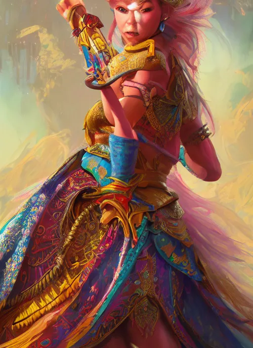 Image similar to detailed concept art illustration oil painting of a Disney warrior princess in full intricate colorful clothing, ultra detailed, digital art, octane render, 4k