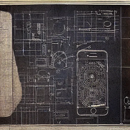 Image similar to blueprint of an iphone by leonardo da vinci