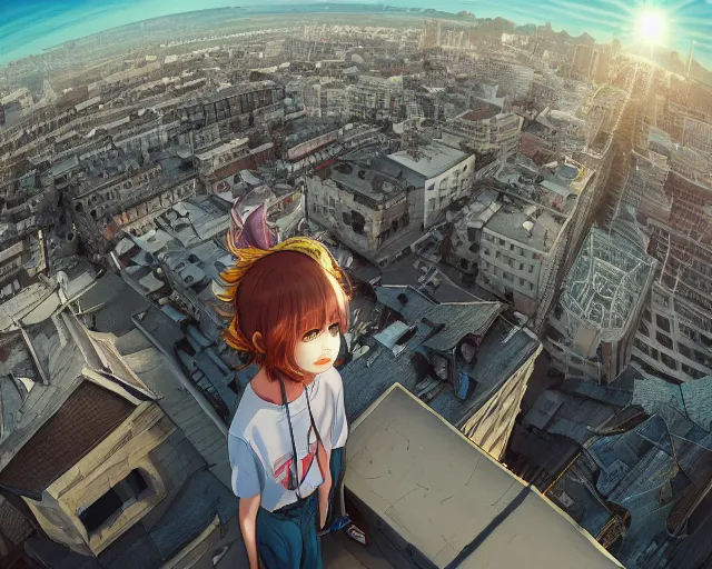 Image similar to teen standing on the roof of a building, sunset, bird eye view, fisheye view, illustration, by pine ( ハイネ ) and 薯 子 imoko and 香 川 悠 作 and wlop and maya takamura, highly detailed, trending artstation, pixiv, digital art