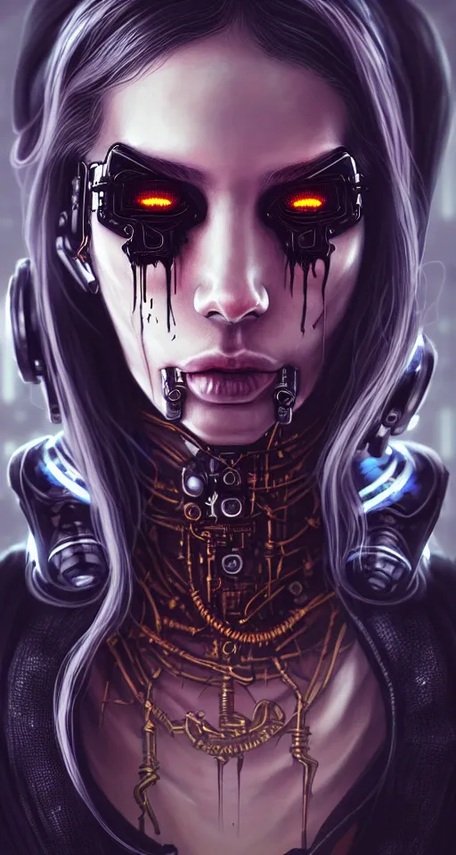 Image similar to soft lustrous ebony dark biotech raver gothic cyborg gutter punk, earbuds, golden ratio, details, scifi, fantasy, cyberpunk, intricate, decadent, highly detailed, digital painting, octane render, artstation, concept art, smooth, sharp focus, illustration, art by artgerm, loish, wlop