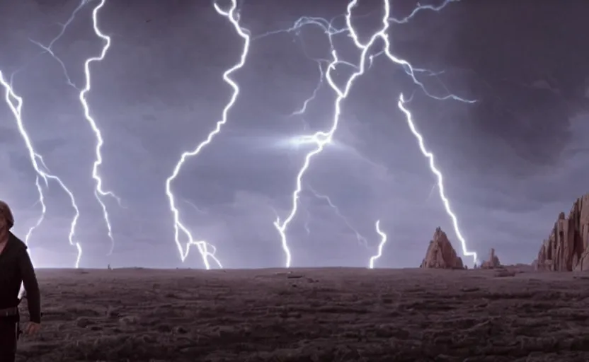 Prompt: screenshot portrait of Luke Skywalker in a lightning battlefield looking at the ghost of emporer palpatine, with scattered ruins of a fiery jedi rock temple, iconic scene from 1970s film by Stanley Kubrick, last jedi, 4k HD, cinematic lighting, beautiful portrait of Mark Hammill, moody scene, stunning cinematography, mcu effects, anamorphic lenses, kodak color film stock, massive battlefront, mcu style, explosions, fire reak real life, spotted ultra realistic, 4K, movie still, UHD, sharp, detailed, cinematic, render, modern