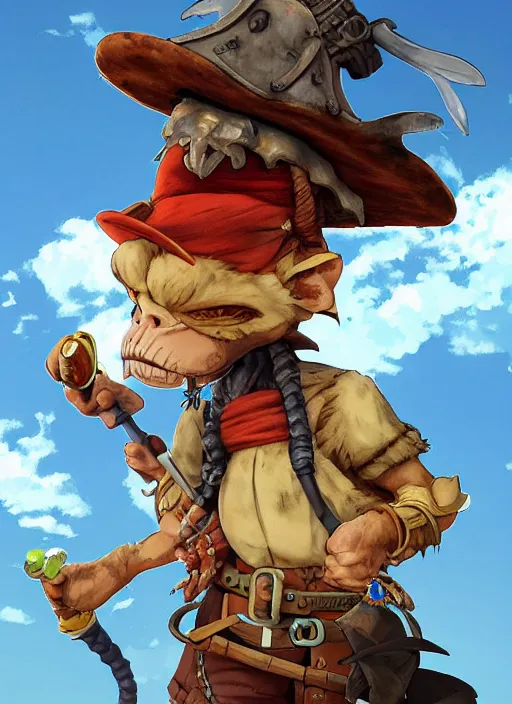 Prompt: studio ghibli pathfinder 2 e illustration of a pirate goblin mixed with a monkey smoking a cigar, character portrait, unreal engine, hyper realism, realistic shading, cinematic composition, realistic render, octane render, detailed textures, photorealistic, wide shot