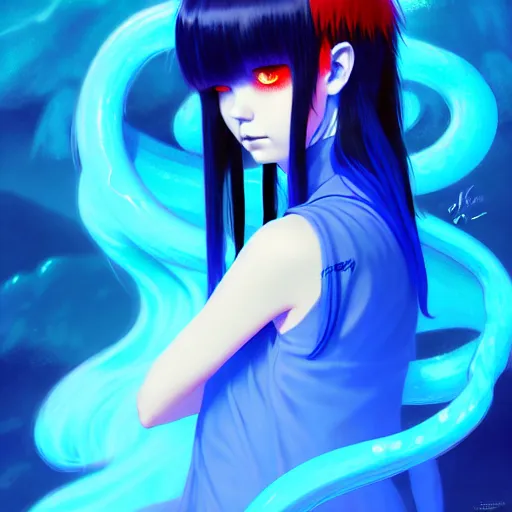 Image similar to blue slime swirling around rimuru tempest with black wings, enveloped in ghosts, sky blue straight hair, bangs, with amber eyes, red tailcoat, high collar, ultra fine detail, dark theme, digital painting, psychedelic, cinematic, wlop, pixiv, ilya kuvshinov, ross tran