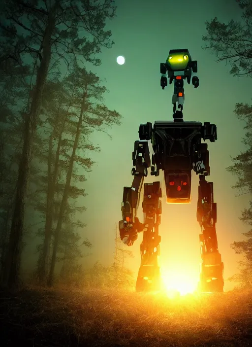 Prompt: a giant robot with very bright eyes walking through a dark forest at night, unnaturally dark, moody