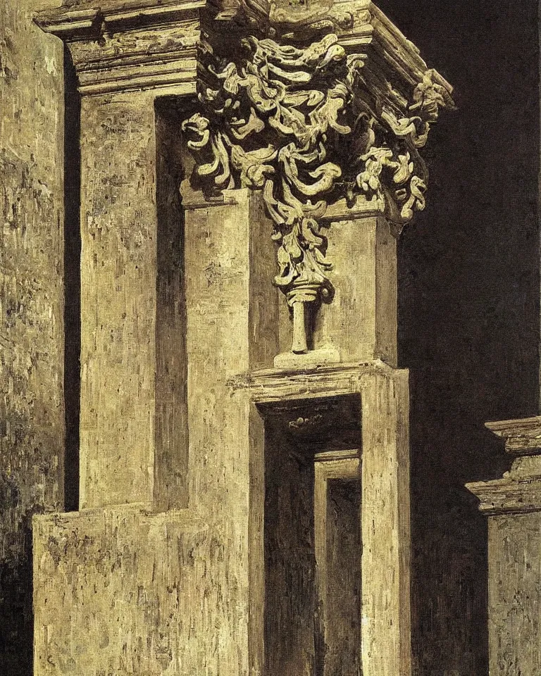 Image similar to achingly beautiful painting of intricate ancient roman corinthian capital on black background by rene magritte, monet, and turner. giovanni battista piranesi.