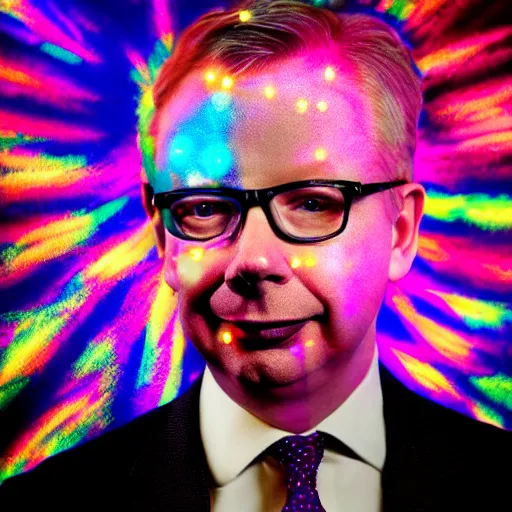 Prompt: A photo of Michael Gove on a magic mushroom trip at the club, disco lights, psychedelic, bokeh