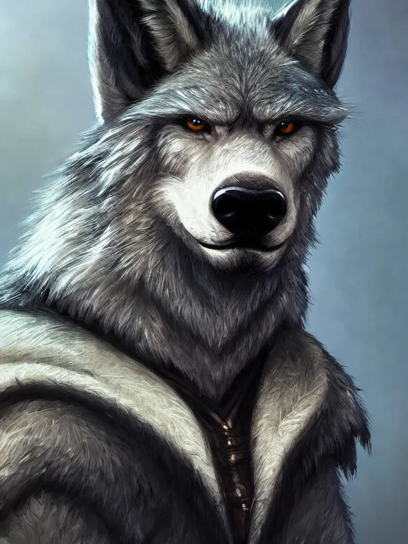 Image similar to 3/4 headshot of cute anthro wolf man, D&D, handsome, fantasy, intricate, long snout, donkey ears, fursona, black hair, elegant, highly detailed, digital painting, artstation, concept art, smooth, sharp focus, illustration, art by artgerm and greg rutkowski and alphonse mucha