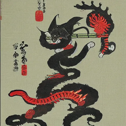 Image similar to samurai cat, riding a dragon, edo style art