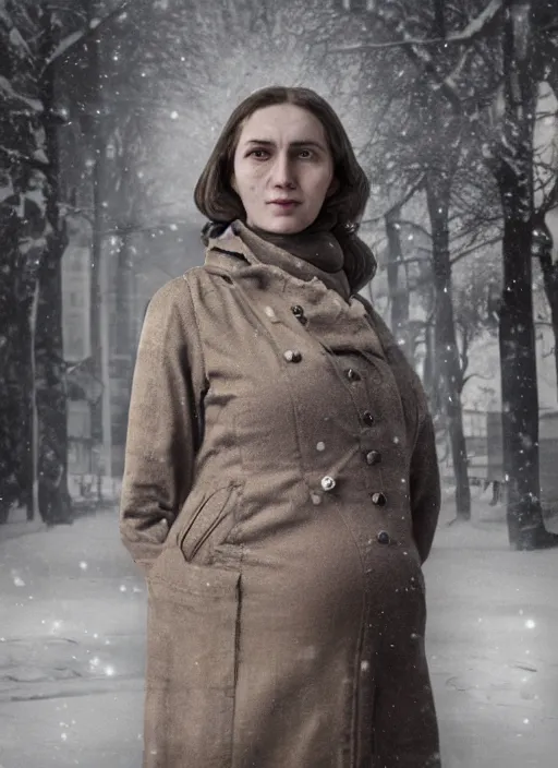 Image similar to full-length portrait of a pregnant woman on the street of besieged Leningrad, historically reliable photo chronicle, winter 1941, , ultra detailed, digital art, octane render, 4K, dystopian, micro details