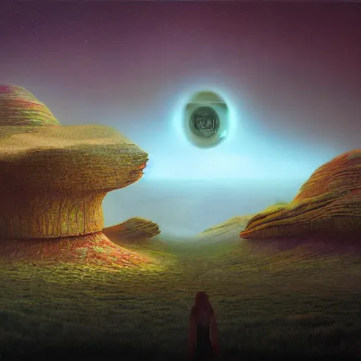 Prompt: Surreal psychedelic extraterrestrial fantasy sci-fi landscape veduta, landscape vista photography by Carr Clifton, by Galen Rowell film Kodak Ektar 8k resolution, concept art by Shaun Tan, by Dan Witz 8K 3D 16K resolution