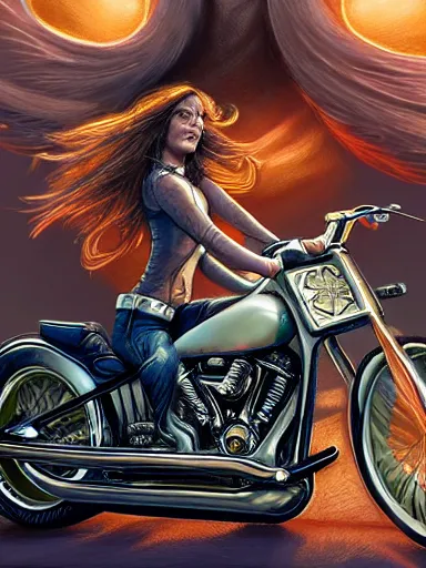 Image similar to handsome man with long hair riding a harley davidson. intricate, elegant, highly detailed, digital painting, artstation, concept art, sharp focus, illustration, by justin gerard and artgerm, 8 k