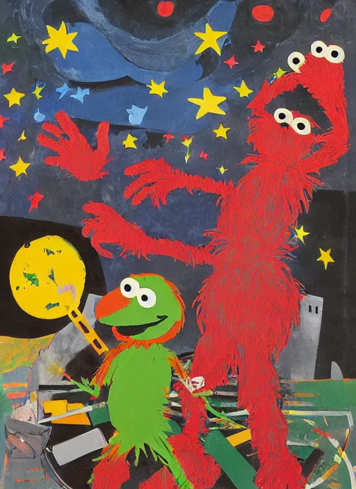 Prompt: expressionistic decollage painting, trash can tarot card fool with sesame street elmo and kermit muppet knight on a horse in a dark red cloudy night sky with golden foil jewish stars, mountain lake and blossoming field in background painted by adrian ghenie, francis bacon, daniel richter and hilma af klint, ultra naive, children painting, 8k, extreme detail, masterpiece