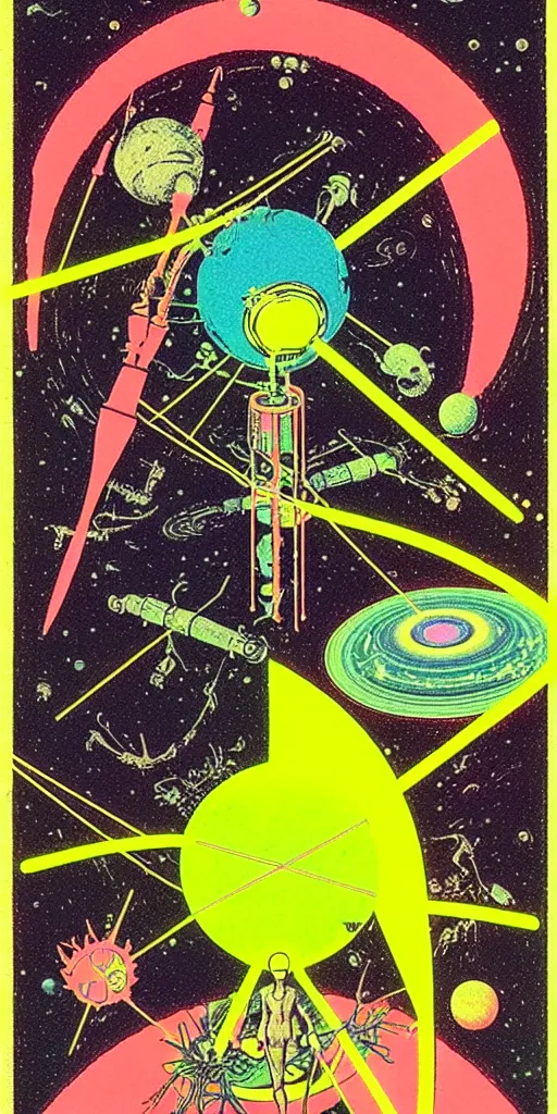 Image similar to 1968 science fiction tarot card, cut out collage, neon Roman, xerox punk, spring on Saturn, epic theater, deep sea, mountain plants, drawings in part by moebius, part by Ernst Haekl, text by William S Boroughs, composition by neo Rauch