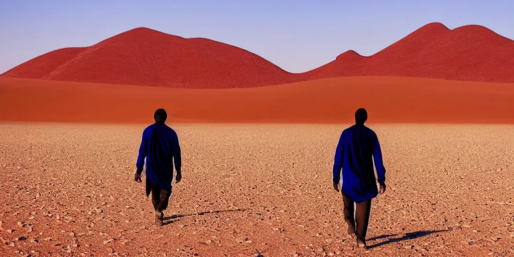 Prompt: of a photography of a man walking on desert , with blue light dark blue sky, long cloths red like silk, ants are big and they shine on the sunlight, there are sand mountains on the background, a very small oasis on the far distant background along with some watch towers, ants are perfect symmetric insects, man is with black skin, the man have a backpack, the man stands out on the image, the ants make a line on the dunes, the sun up on the sky is strong, the sky is blue and there are some clouds, its like a caravan of a man guiding dunes of the desert, colors are strong but calm, volumetric, detailed objects, Arabica style, wide view, 14mm,