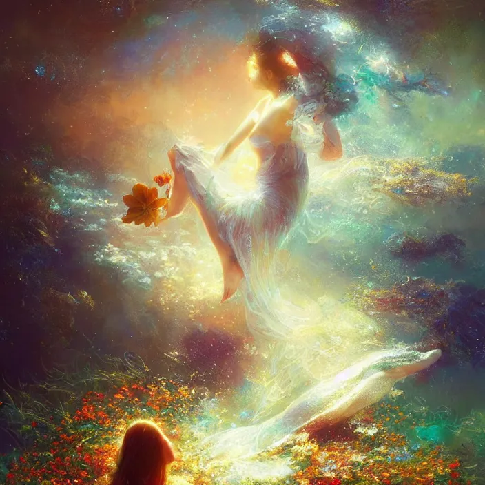 Image similar to glimmering whale, flowing dress, flowers, cosmos, milky way galaxy, golden hour, god rays, coral reef, dreamscape by artgerm and ruan jia and ismail inceoglu and greg olsen, masterpiece, beautiful, intricate, elegant, highly detailed