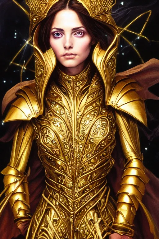 Image similar to high quality extremely detailed closeup portrait of a young gorgeous female warlock looking away from the camera wearing very reflective golden armor, detailed eyes, sparkle in eyes, no hands visible, fantasy, d & d, intricate, painting by lucian freud and mark brooks, hd