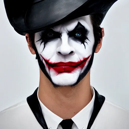 Image similar to a male model wearing a black leather hat in joker makeup, frontal view, cool looking