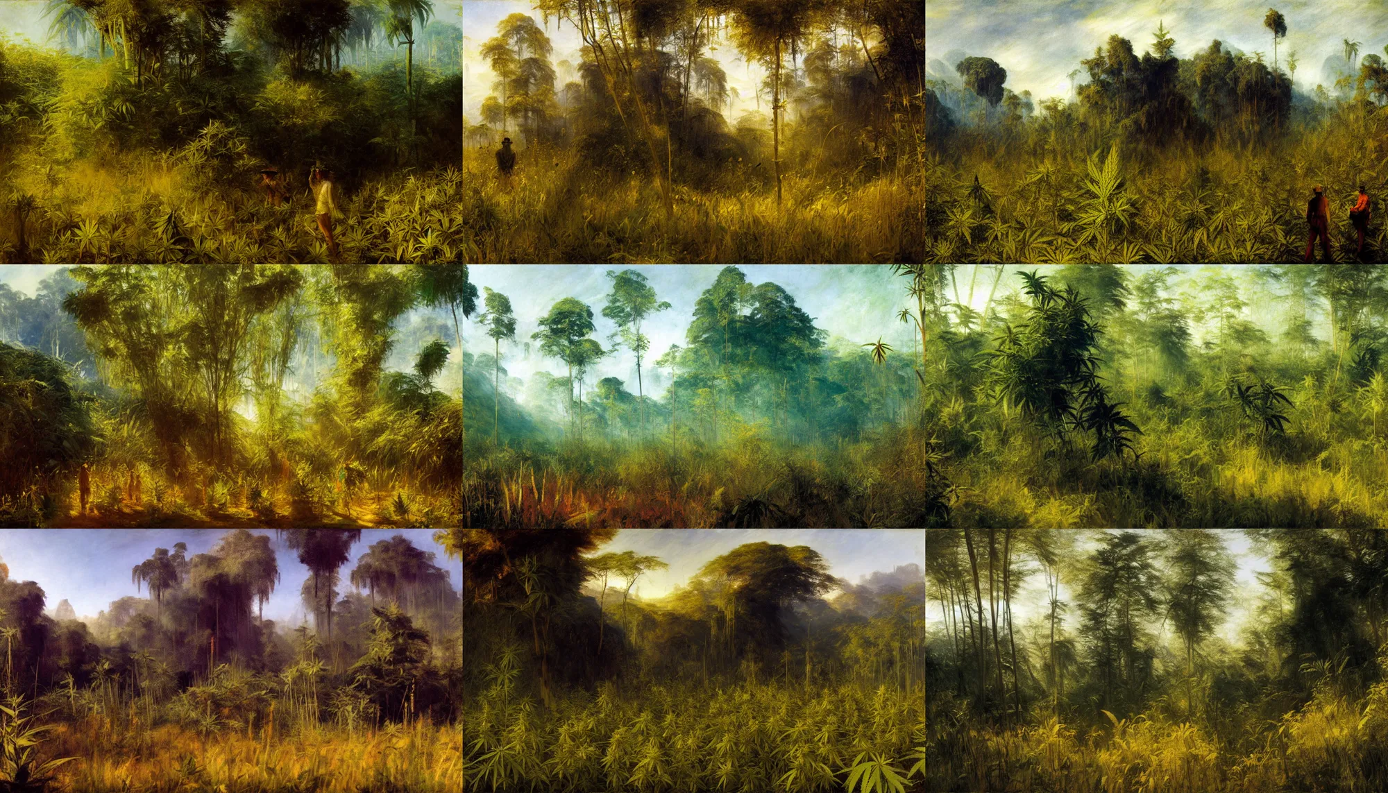 Prompt: cannabis - sativa - field in the jungle, painted by craig mullins, sung choi, j. m. w. turner, caspar david friedrich