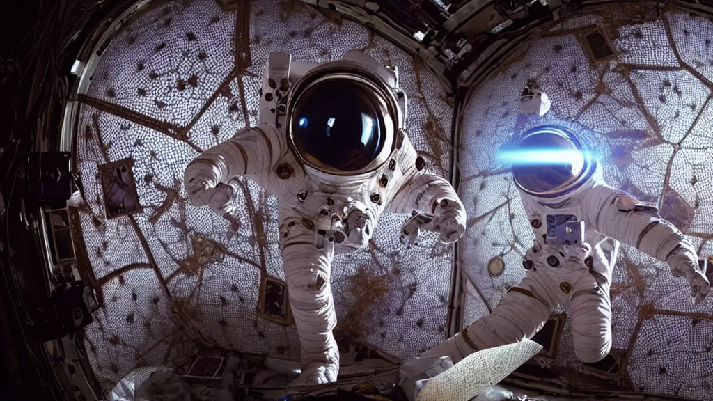 Image similar to a single astronaut eva suit interwoven with diamond 3d fractal lace iridescent bubble 3d skin and covered with insectoid compound eye camera lenses floats through the living room, film still from the movie directed by Denis Villeneuve with art direction by Salvador Dalí, wide lens,