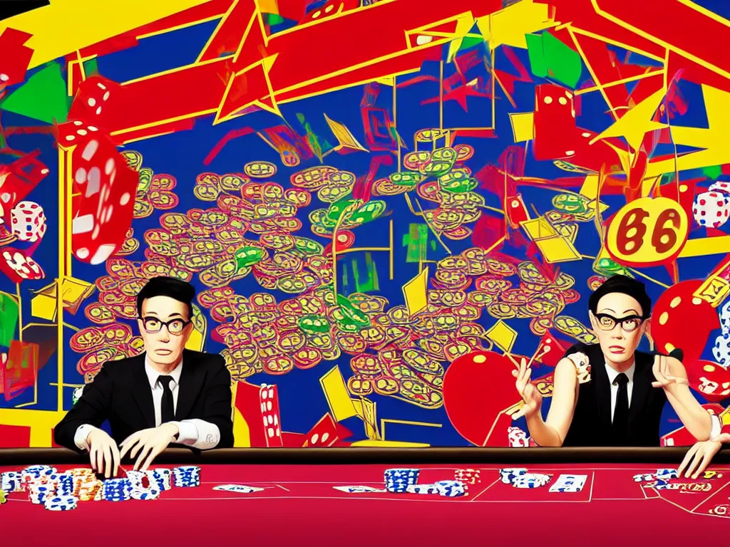 Prompt: hyper - realistic composition of a room in a casino with an extremely detailed poker table, croupier standing nearby fireworks in the background, pop art style, jackie tsai style, andy warhol style, acrylic on canvas