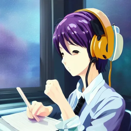 Image similar to high definition anime portrait of an anime girl with pastel colored hair sitting at a desk studying with headphones on, background is a window looking out into a busy Tokyo district, lo-fi art, masterpiece by Makoto Shinkai, trending on artstation, sharp high quality anime, digital art, photoshop, proportionate, ambient lighting, clear facial festures