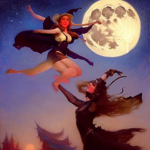 Image similar to attractive witch magically flying trough the night, fantasy, full moon in background. highly detailed painting by gaston bussiere, craig mullins, j. c. leyendecker 8 k