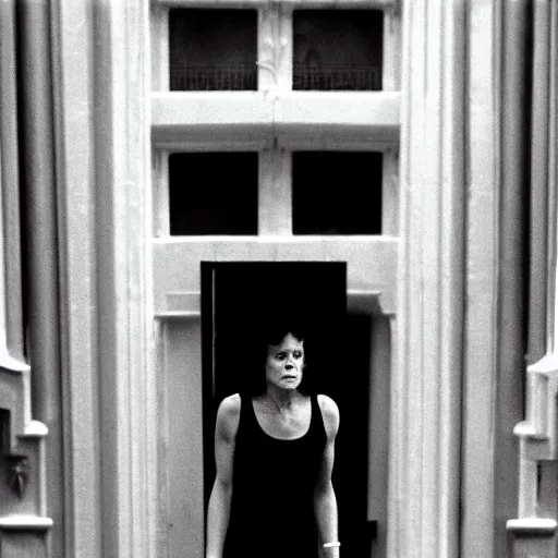 Image similar to detailed still of Ripley-Sigourney Weaver wearing a white singlet and cat Jonesy moving apartment New York City 1983, gothic building entrance way Art Deco, cinematic feel, high octane